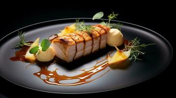 Photo of Pork Loin with Apple Sauce as a dish in a high-end restaurant. Generative AI