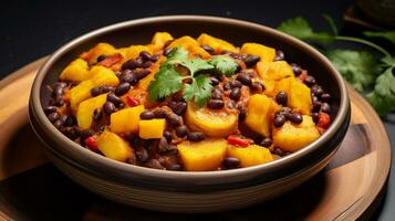 Photo of Plantain and Black Bean Stew as a dish in a high-end restaurant. Generative AI