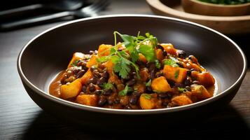 Photo of Plantain and Black Bean Stew as a dish in a high-end restaurant. Generative AI