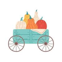 Pumpkins of different colors and shapes in wheelbarrow. Hello autumn, autumn harvest, autumn design elements. vector