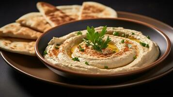 Photo of Pita and Hummus as a dish in a high-end restaurant. Generative AI