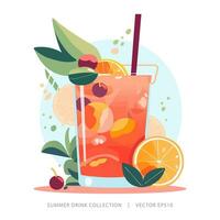 Tropical summer cocktail drink in the glass garnished with colorful citrus fruits and juice vector