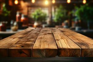 Empty wooden table against blur, ideal for product display in caf setting AI Generated photo