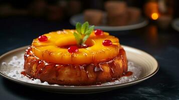 Photo of Pineapple Upside-Down Cake as a dish in a high-end restaurant. Generative AI