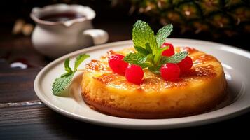 Photo of Pineapple Upside-Down Cake as a dish in a high-end restaurant. Generative AI