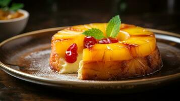 Photo of Pineapple Upside-Down Cake as a dish in a high-end restaurant. Generative AI