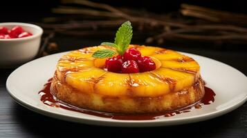 Photo of Pineapple Upside-Down Cake as a dish in a high-end restaurant. Generative AI