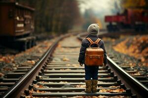 A little explorer, suitcase by their side, walks beside the charming railroad AI Generated photo