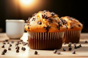 Indulge in the goodness of a warm, freshly baked chocolate chip muffin AI Generated photo