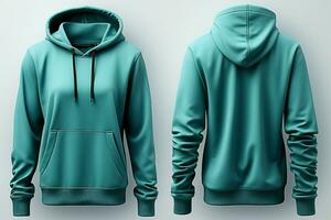 Versatile mens blue hoodie template from two angles, perfect for design mockups AI Generated photo