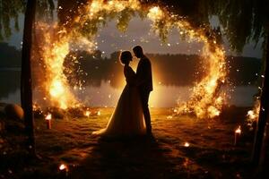 explosiones de ligero marco novia y acicalar, un noche de fuegos artificiales alimentado encantamiento ai generado foto