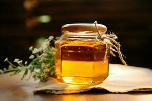 de madera mesa sostiene vaso tarro rebosante con naturalezas dulce dorado miel ai generado foto