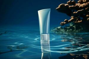 Intricate 3D rendering showcases a cosmetic bottle over a tranquil water surface AI Generated photo