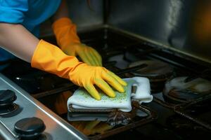 Gloved hand cleans stove after cooking, woman enjoys housekeeping, viewed from above AI Generated photo