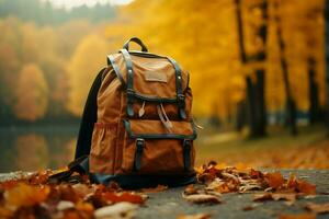 AI generated autumn nature serves as the backdrop for showcasing backpack and accessories AI Generated photo