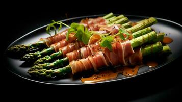 Photo of Asparagus Wrapped in Prosciutto as a dish in a high-end restaurant. Generative AI