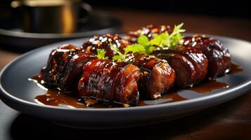 Photo of Bacon-Wrapped Dates as a dish in a high-end restaurant. Generative AI