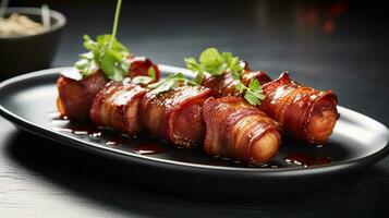 foto de envuelto en tocino fechas como un plato en un gama alta restaurante. generativo ai