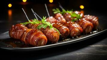 Photo of Bacon-Wrapped Dates as a dish in a high-end restaurant. Generative AI