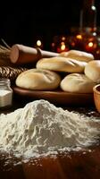 A bakers tableau Rolling pin and flour on light brown table Vertical Mobile Wallpaper AI Generated photo