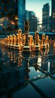 Skyscrapers surround chess pieces, born from Generative AIs brilliance Vertical Mobile Wallpaper AI Generated photo