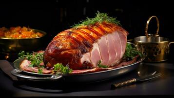 Photo of Baked Ham as a dish in a high-end restaurant. Generative AI