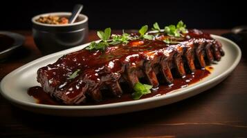 Photo of BBQ Ribs with Guava Glaze as a dish in a high-end restaurant. Generative AI