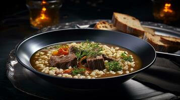 Photo of Beef and Barley Soup as a dish in a high-end restaurant. Generative AI