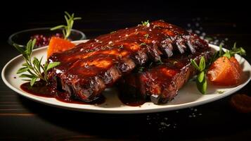 Photo of BBQ Ribs as a dish in a high-end restaurant. Generative AI