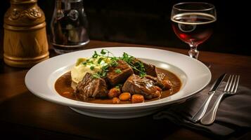 Photo of Beef and Guinness Stew as a dish in a high-end restaurant. Generative AI