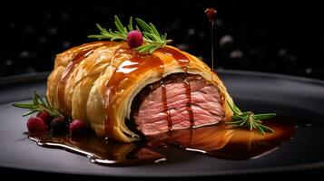 Photo of Beef Wellington as a dish in a high-end restaurant. Generative AI