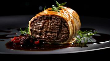 Photo of Beef Wellington as a dish in a high-end restaurant. Generative AI