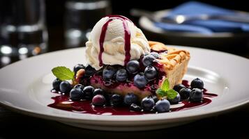 Photo of Blueberry Pie as a dish in a high-end restaurant. Generative AI