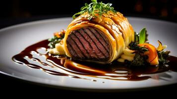 Photo of Beef Wellington as a dish in a high-end restaurant. Generative AI