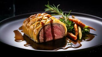 Photo of Beef Wellington as a dish in a high-end restaurant. Generative AI