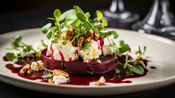 Photo of Beet and Goat Cheese Salad as a dish in a high-end restaurant. Generative AI