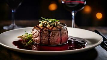 foto de carne de vaca filete de lomo con rojo vino salsa como un plato en un gama alta restaurante. generativo ai