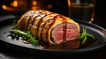 Photo of Beef Wellington as a dish in a high-end restaurant. Generative AI