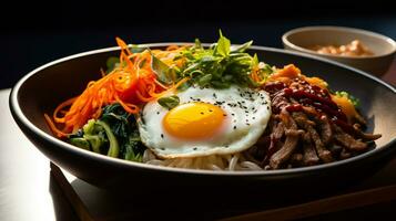 foto de bibimbap como un plato en un gama alta restaurante. generativo ai