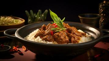 Photo of Beef Rendang as a dish in a high-end restaurant. Generative AI