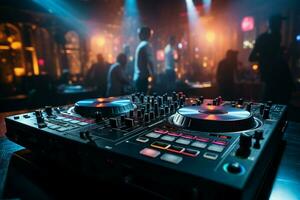 el DJ mezclador mesa soportes como el luminoso corazón de el Club nocturno. ai generado foto