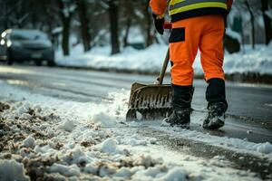 Sidewalk cleared by road worker in special attire, removing snow after snowstorm. AI Generated photo