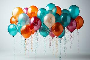 Burst of color myriad balloons pop against a clean, white backdrop AI Generated photo