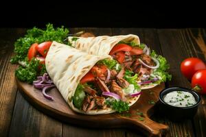 Pita wrapped Greek gyros on a dark wooden background with copy space AI Generated photo