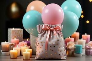 Innovative birthday setup modern flat lay with soft pastel colors, charming decorations AI Generated photo