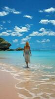 Idyllic beach vacation, woman explores Caribbean oasis with perfect white sand Vertical Mobile Wallpaper AI Generated photo