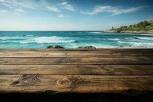 Aged wooden table texture juxtaposed with vast sky and serene sea AI Generated photo