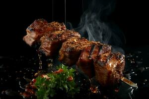 delicioso asado carne fragmentos ensartado en un tenedor, contrastando valientemente en contra negro ai generado foto