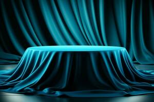 3D rendered round table, blue tablecloth, matching background, and knit curtains AI Generated photo