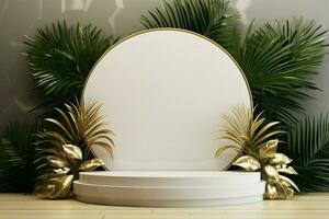 lujo presentación 3d Bosquejo de blanco oro podio adornado con palma hojas ai generado foto
